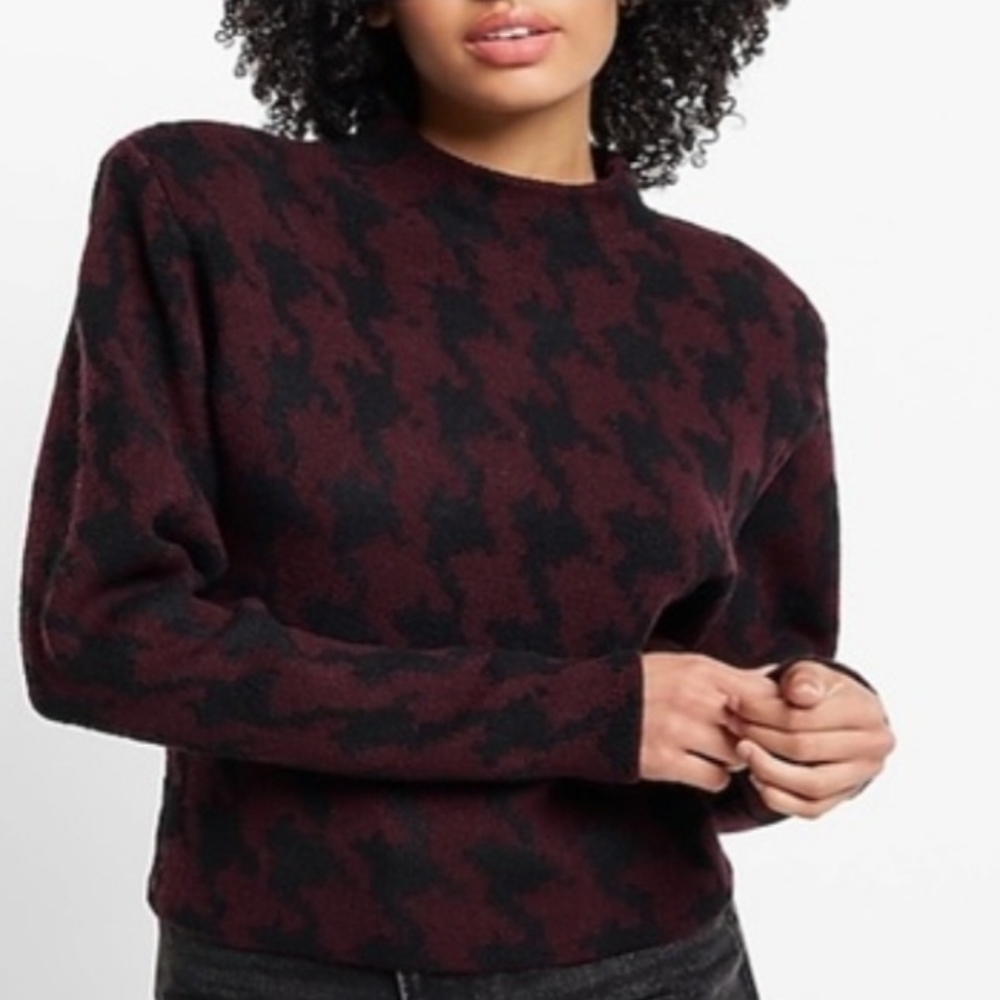 Express Houndstouth Mock Neck Sweater With Padded Shoulders